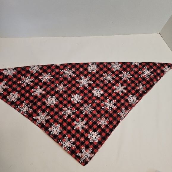 Upcycled Christmas Dog Bandana Red  Black Plaid Snowflakes Handmade  Reversible - Picture 6 of 15